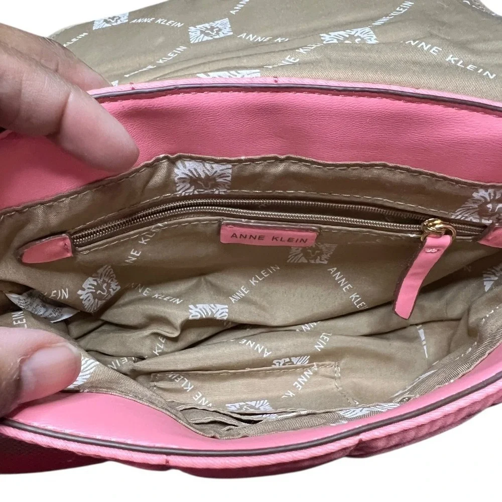 Anne Klein Pink Quilted Nylon Bag Gold Lion Logo  - Striped Crossbody Strap